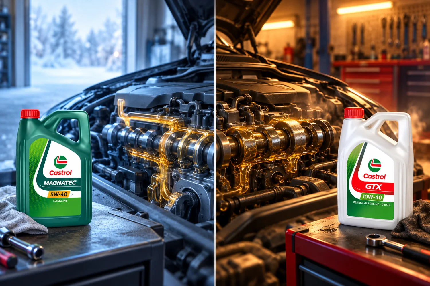 Illustration de la différence entre huile 5W40 au démarrage et huile 10W40 moteur chaud
