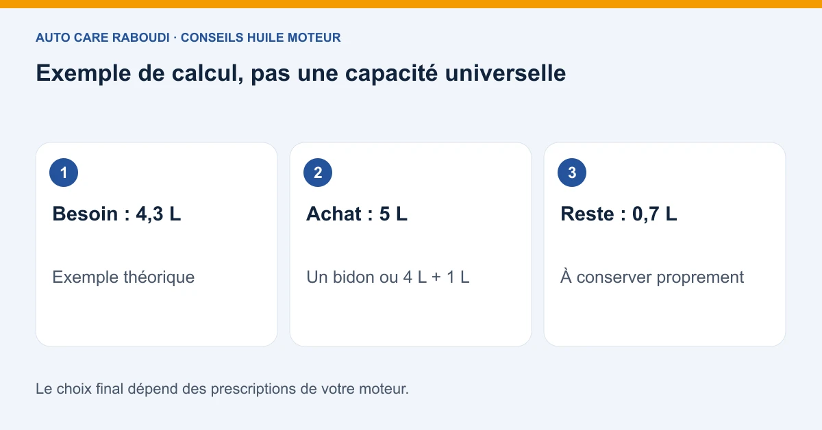 Exemple de calcul, pas une capacité universelle : Besoin : 4,3 L, Exemple théorique ; Achat : 5 L, Un bidon ou 4 L + 1 L ; Reste : 0,7 L, À conserver proprement