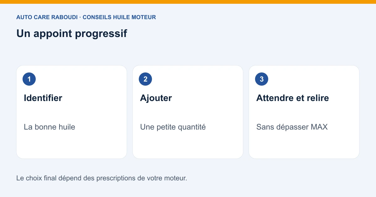 Un appoint progressif : Identifier, La bonne huile ; Ajouter, Une petite quantité ; Attendre et relire, Sans dépasser MAX
